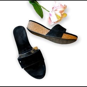 UGG Cork Wedge Platform "Basil" Slides, Black Suede, Sz 9